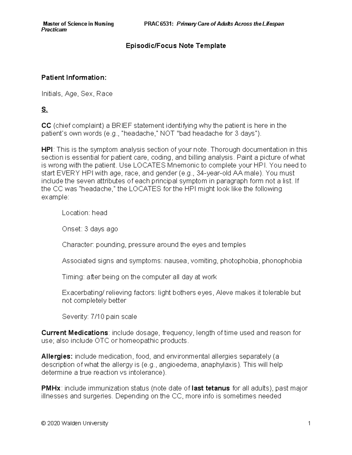 PRAC 6531 - Final Episodic Focused Note Template for Nursing Practicum ...