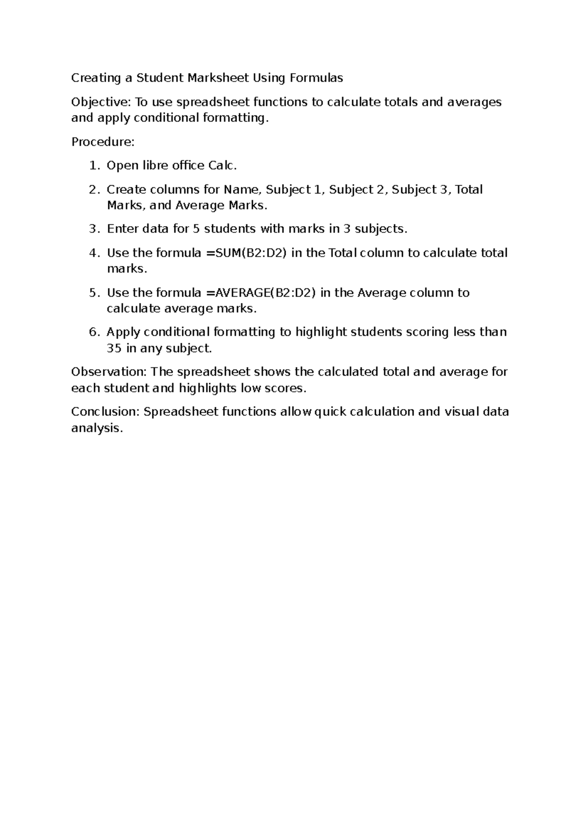 Practical 1 - Creating a Student Marksheet with Formulas - Studocu