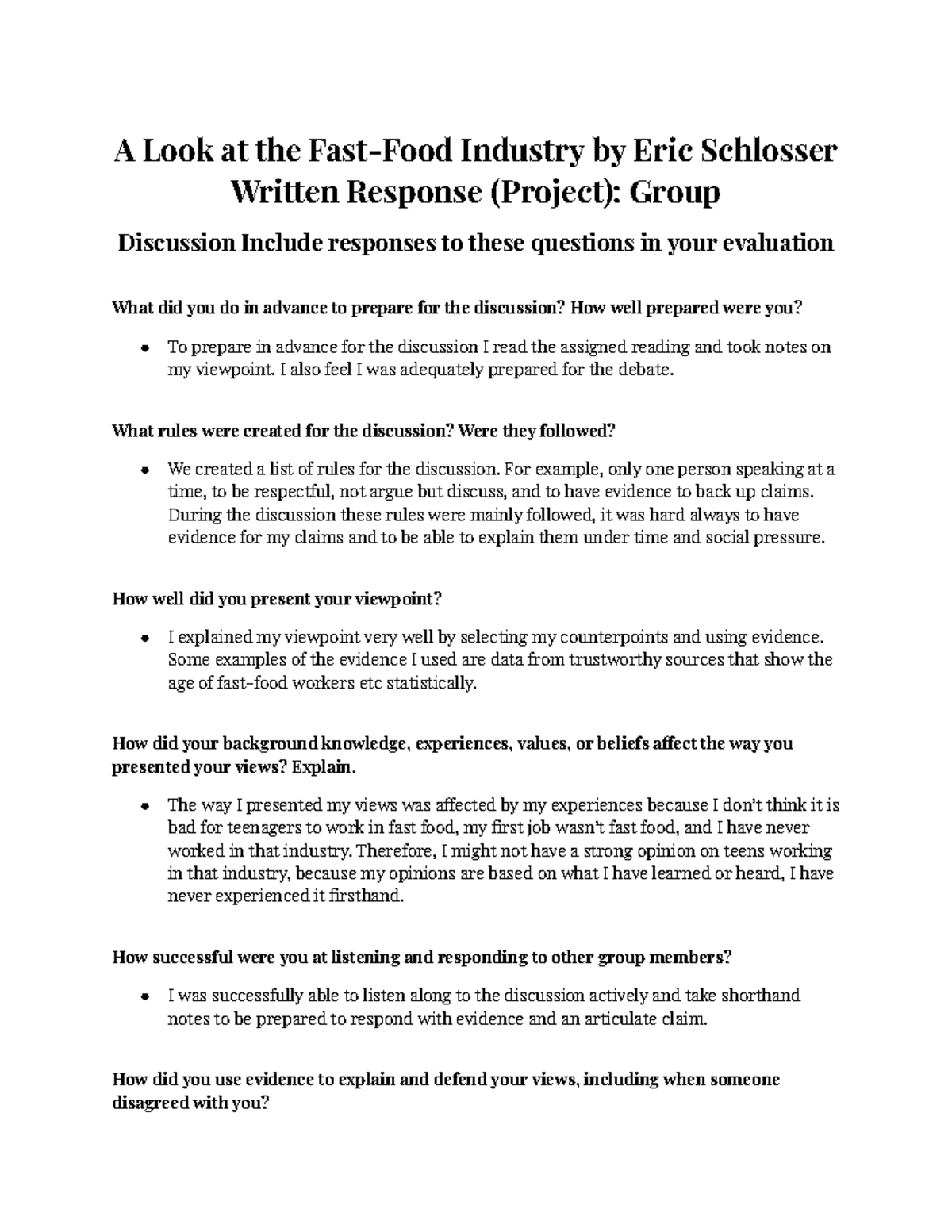 A Look at the Fast-Food Industry: Eric Schlosser Written Response ...