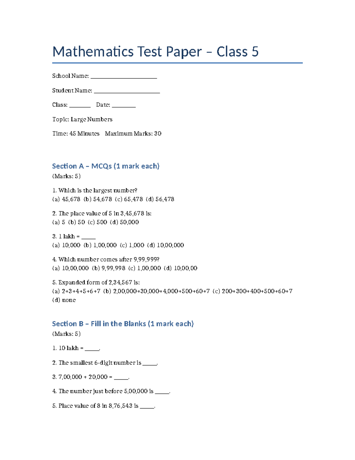 Class 5 Mathematics Test: Large Numbers Assessment - Studocu