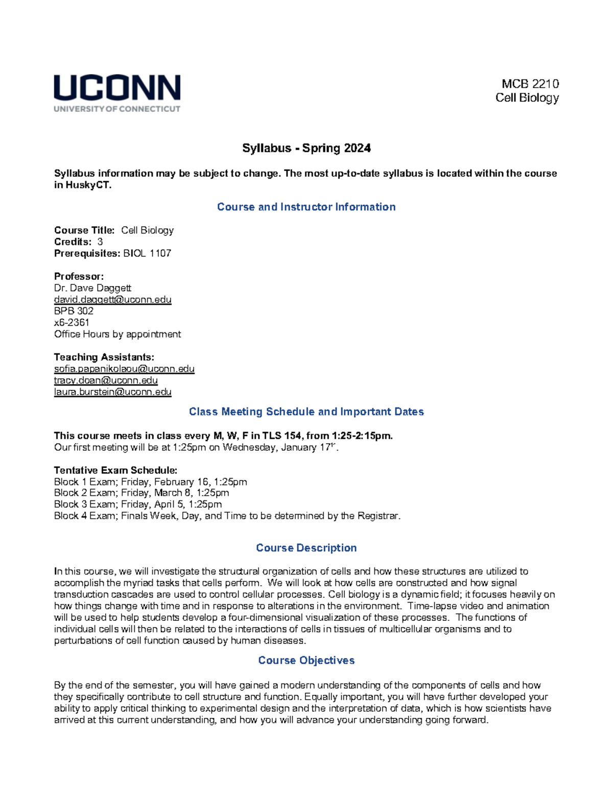 MCB 2210 Cell Biology Syllabus - Spring 2024 Overview - Studocu