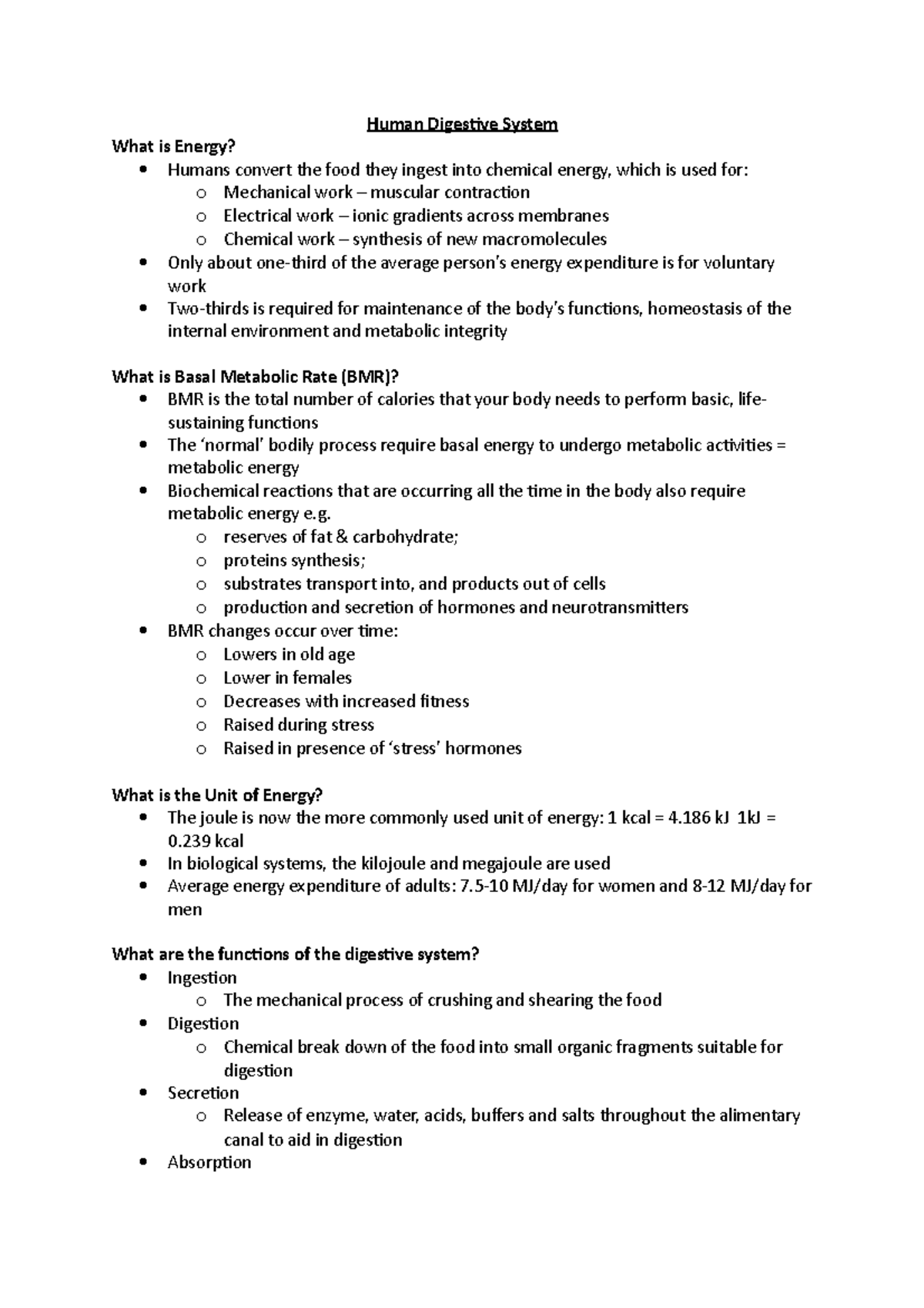 Human Digestive System Lecture Notes (BIO101) - Studocu