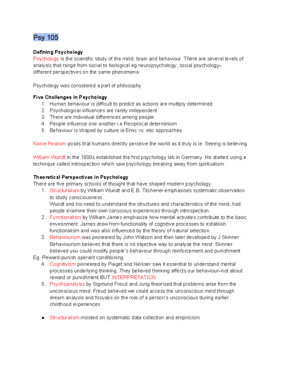 Psy 105 Test 1 Study Guide: Key Concepts in Psychology - Studocu