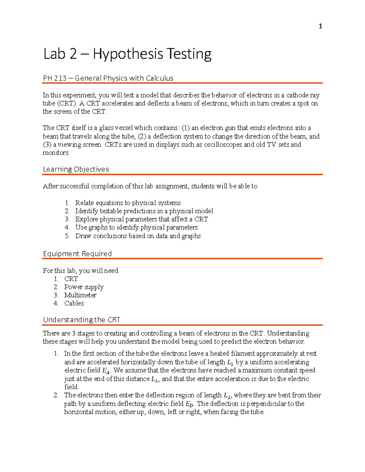 PH 213 Lab 2: Hypothesis Testing on Cathode Ray Tubes (CRT) - Studocu