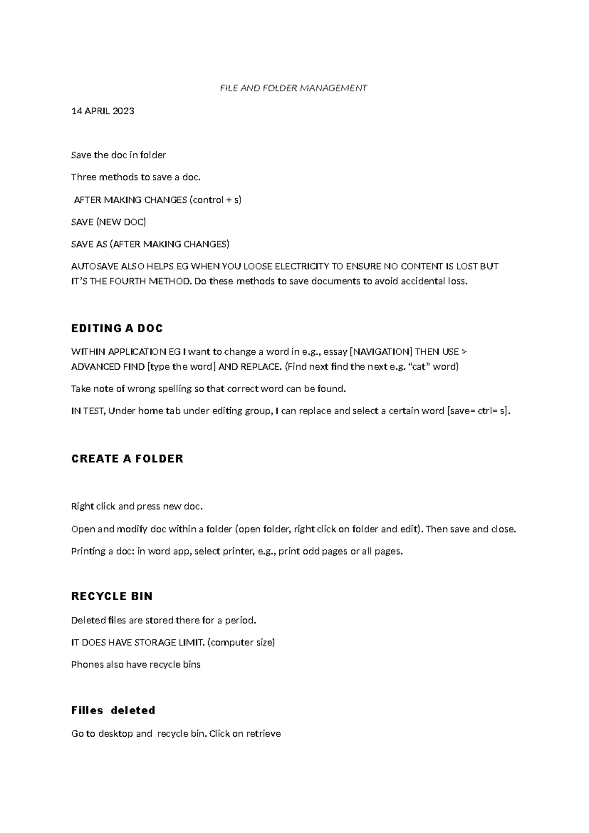 ICT saving a document - FILE AND FOLDER MANAGEMENT 14 APRIL 2023 Save ...