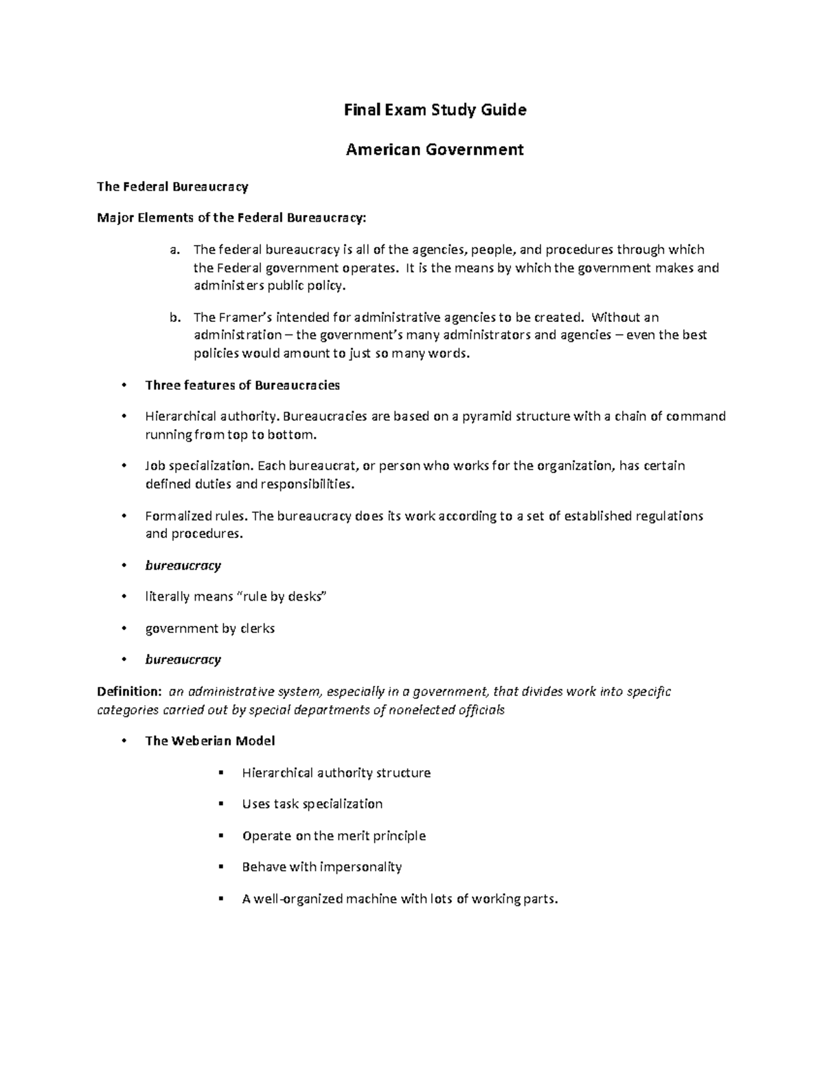 POLS 101: Final Exam Study Guide on American Government Bureaucracy ...