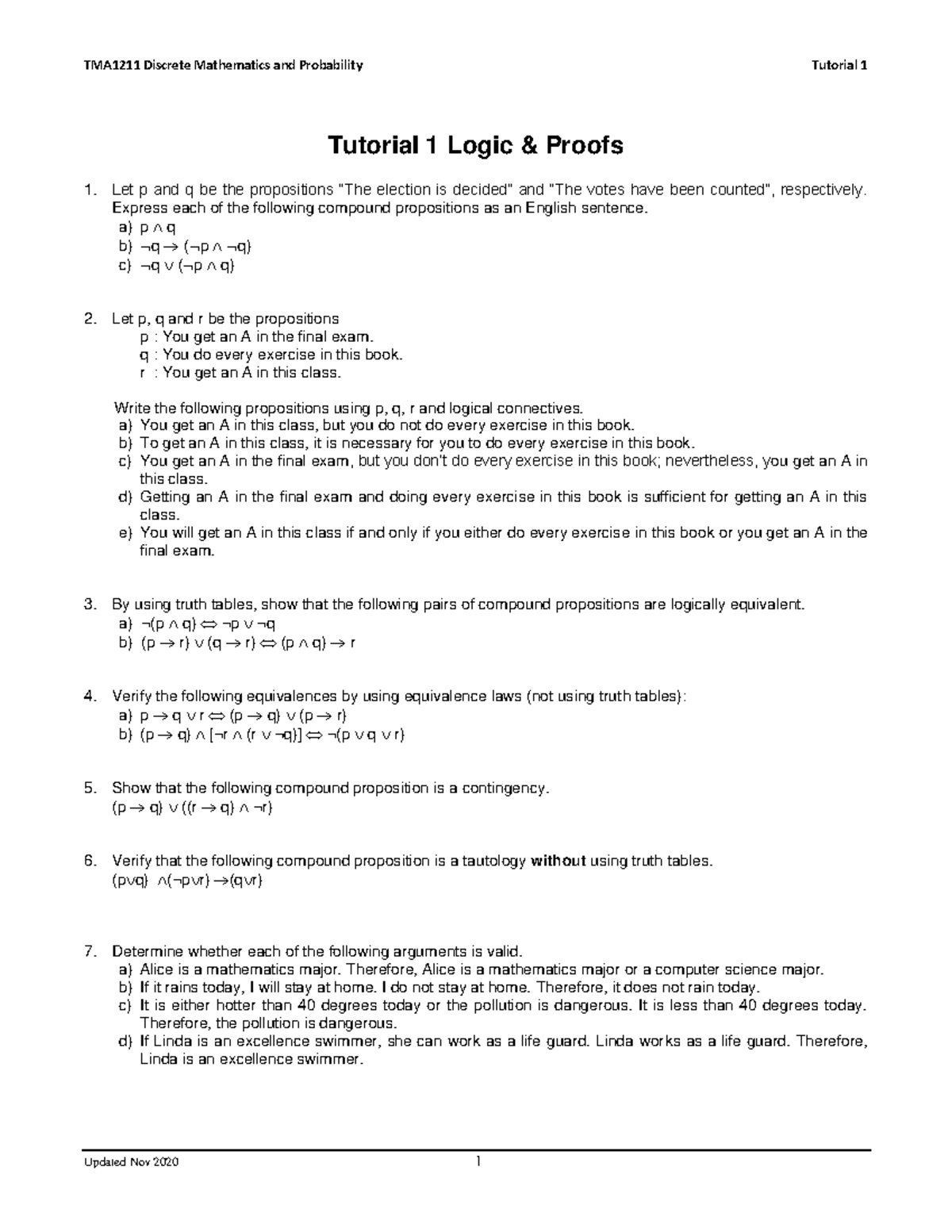 TMA1211 Discrete Math Tutorial 01: Logic & Proofs (Updated Nov 2020 ...