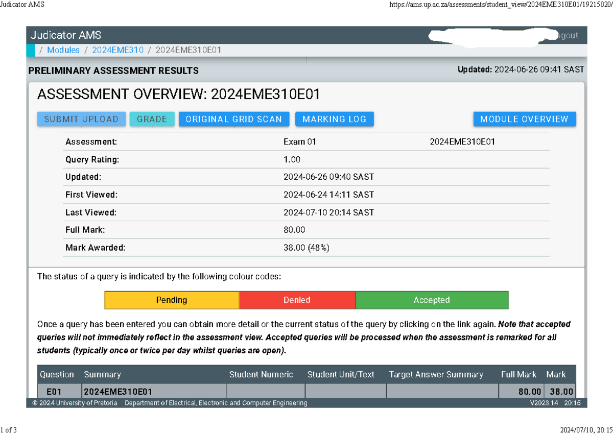 2024EME310E01 Preliminary Assessment Results & Marking Log - Studocu