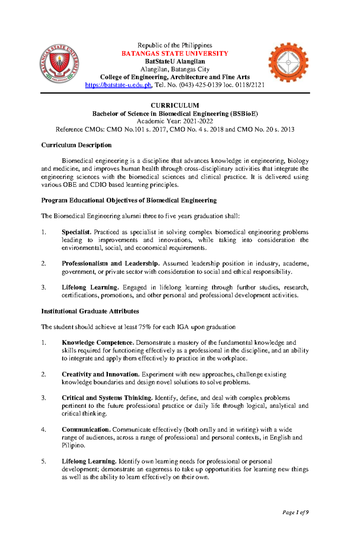 Bachelor of Science in Biomedical Engineering Curriculum Overview ...
