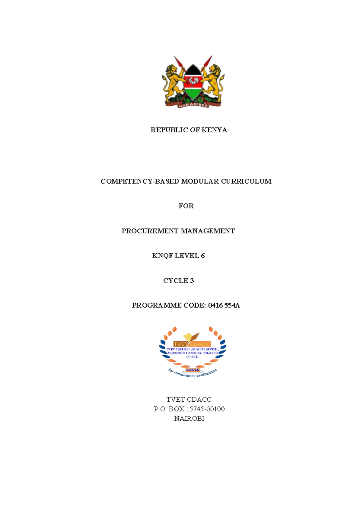 Curriculum for Procurement Management KNQF Level 6 - Programme Code ...