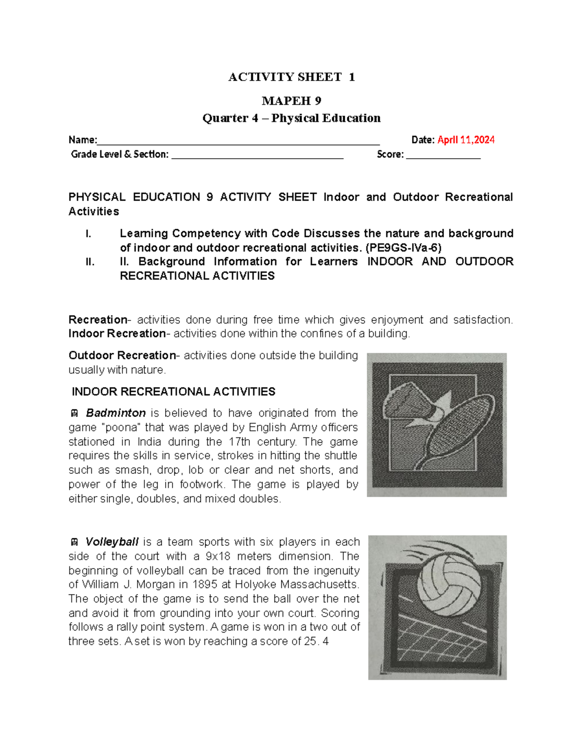 P.E 9 Quarter 4 Activity Sheet: Indoor & Outdoor Recreation Guide - Studocu