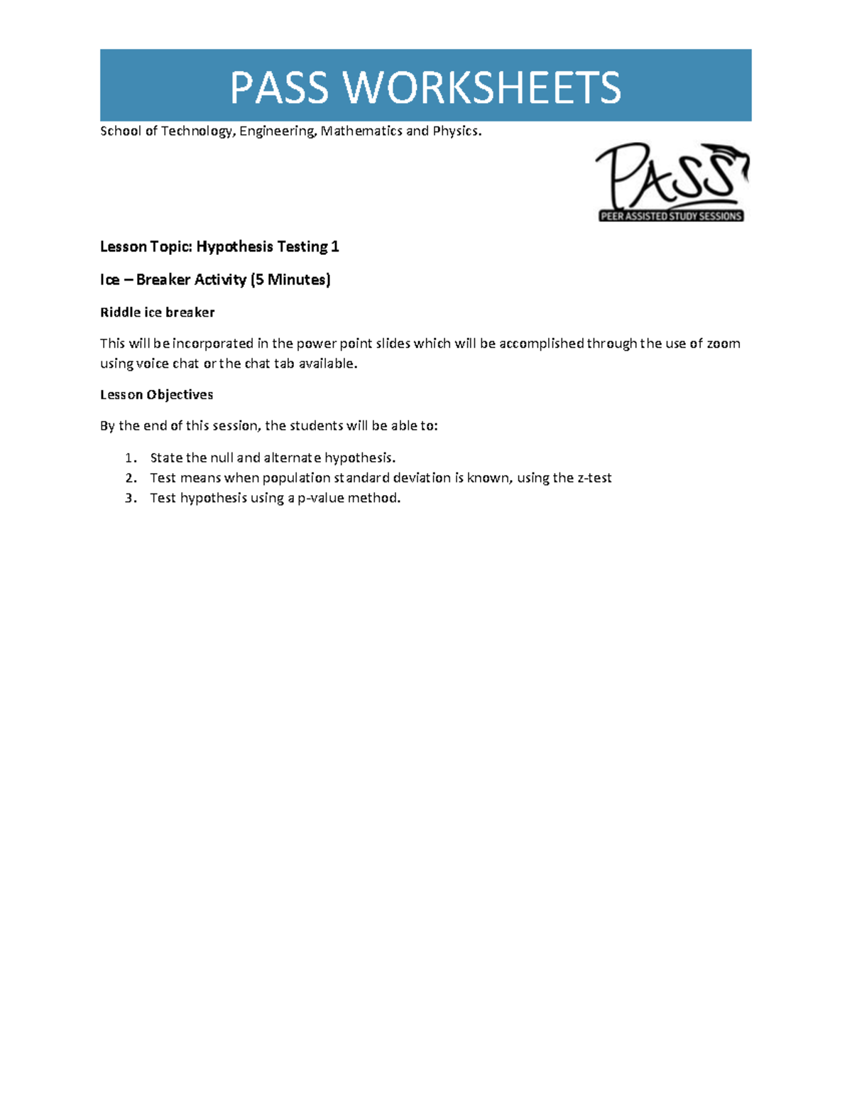 WK 10 ST130 Hypothesis Testing 1 Worksheet - Basic Statistics - USP ...