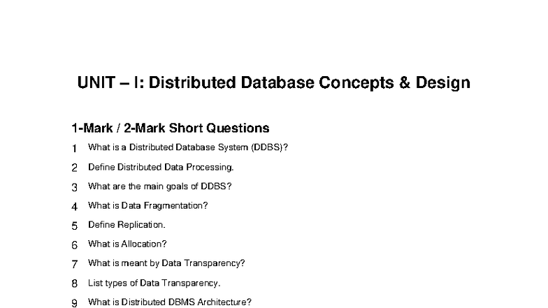 Distributed Databases Unit I: Key Concepts & Short Q&A - Studocu