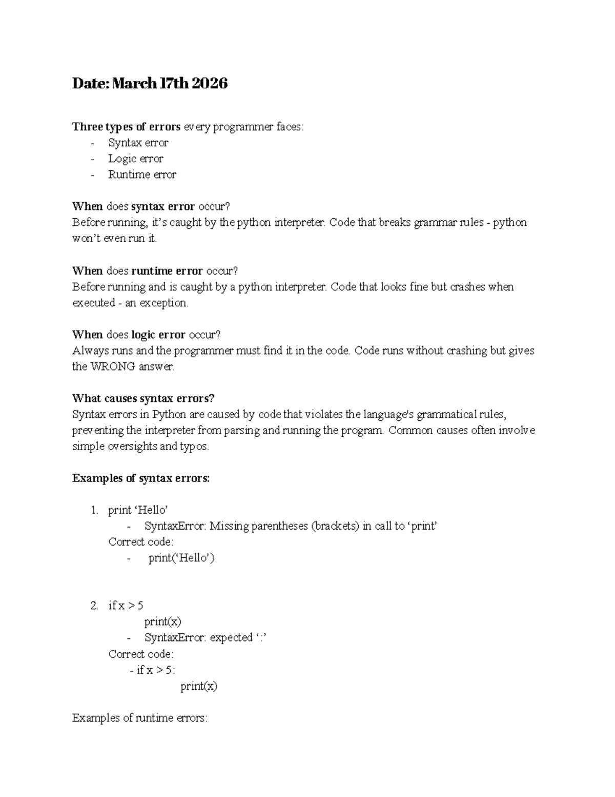 Types of Errors in Programming: Syntax, Logic, and Runtime - Year 11 ...