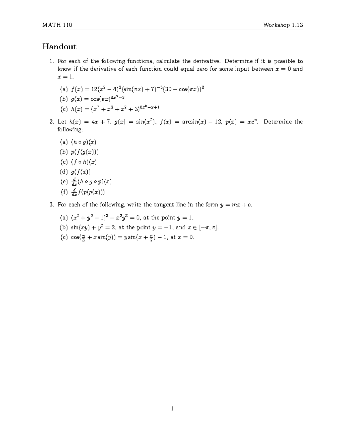 MATH 110 Workshop 1.13 Derivative Calculations and Tangent Lines - Studocu