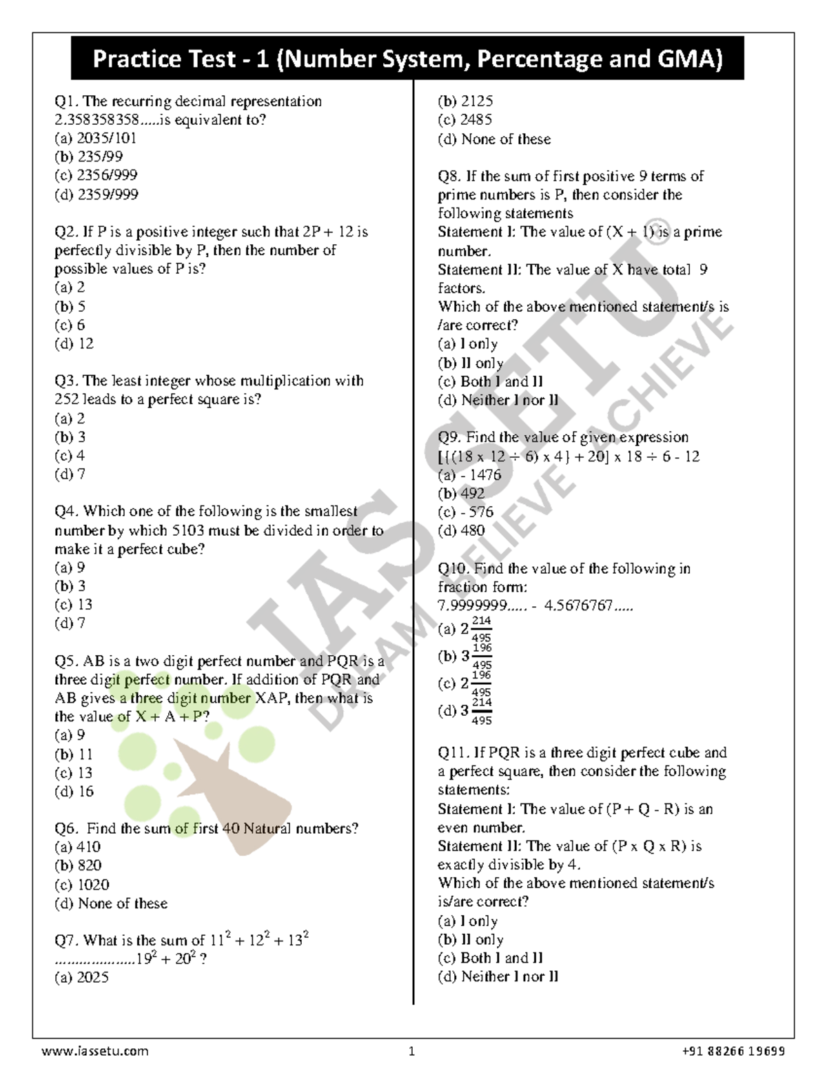 Practice Test 1 (MATH101: Number System, Percentage & GMA) - Studocu