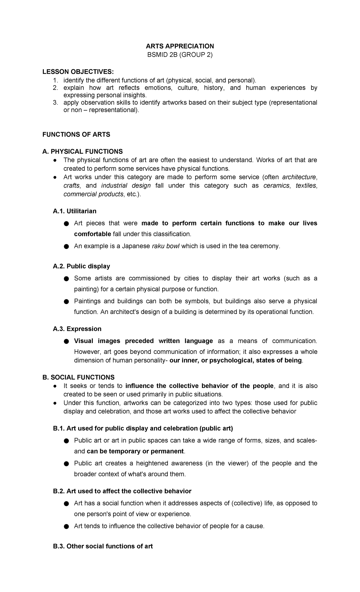 ARTS APPRECIATION BSMID 2B GROUP 2 LESSON OBJECTIVES & FUNCTIONS - Studocu