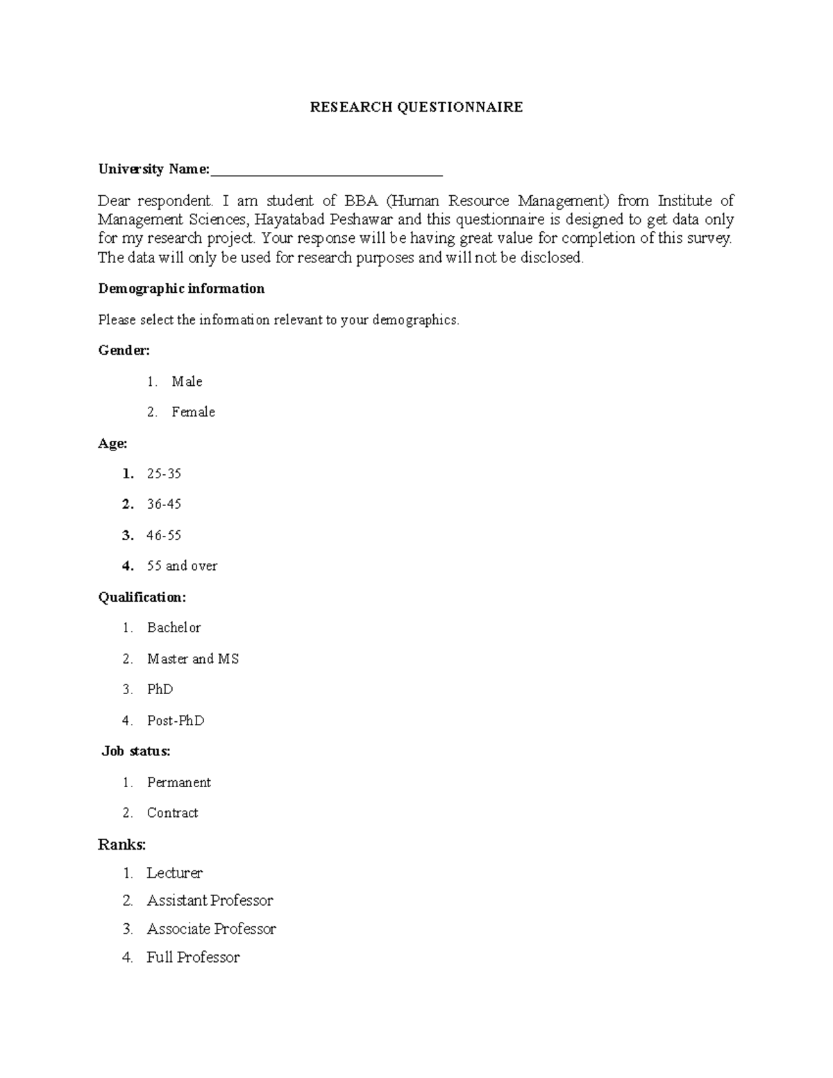 BBA HRM Research Questionnaire for Data Collection Survey - Studocu