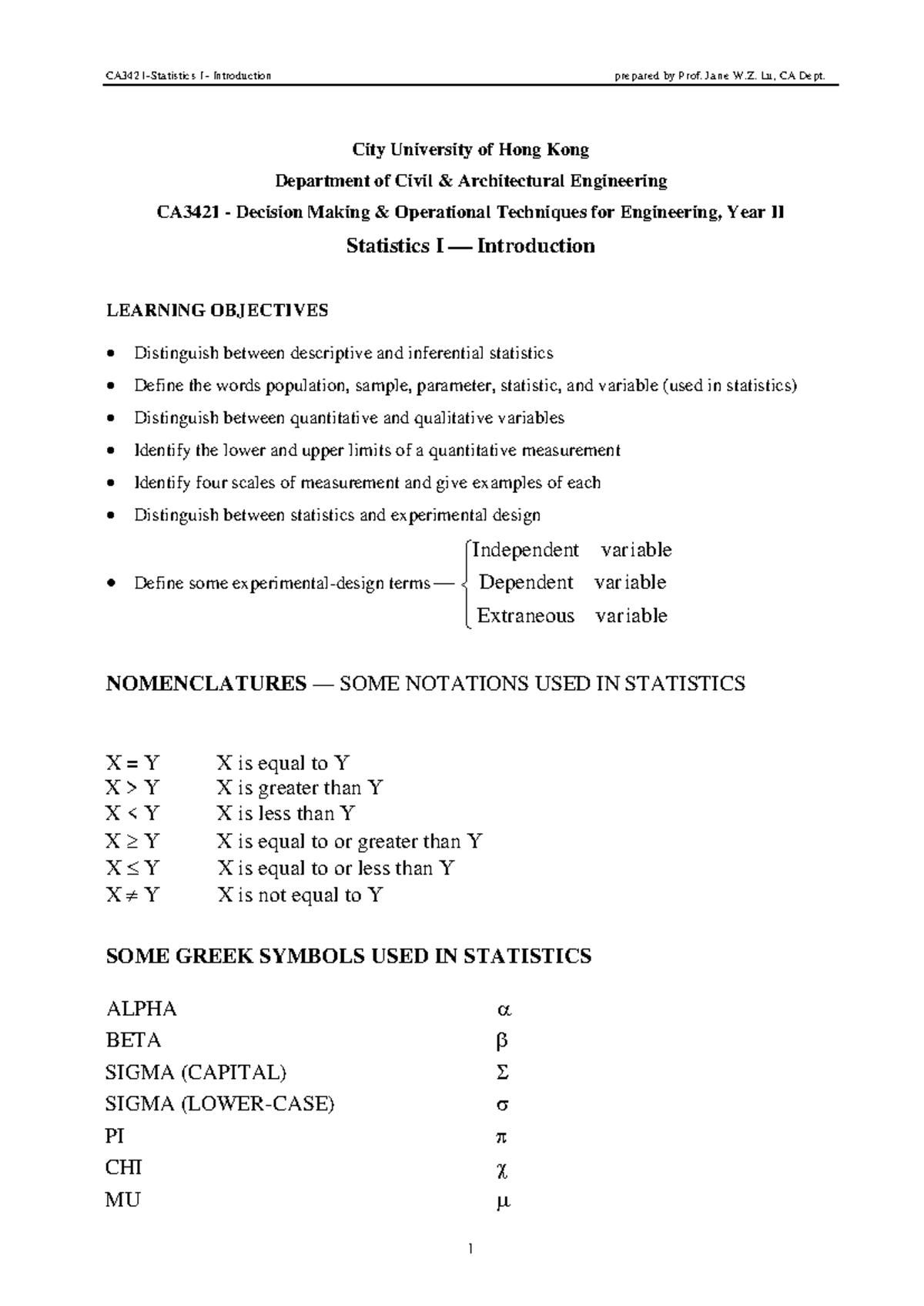 CA3421: Statistics I Introduction and Key Concepts - Studocu