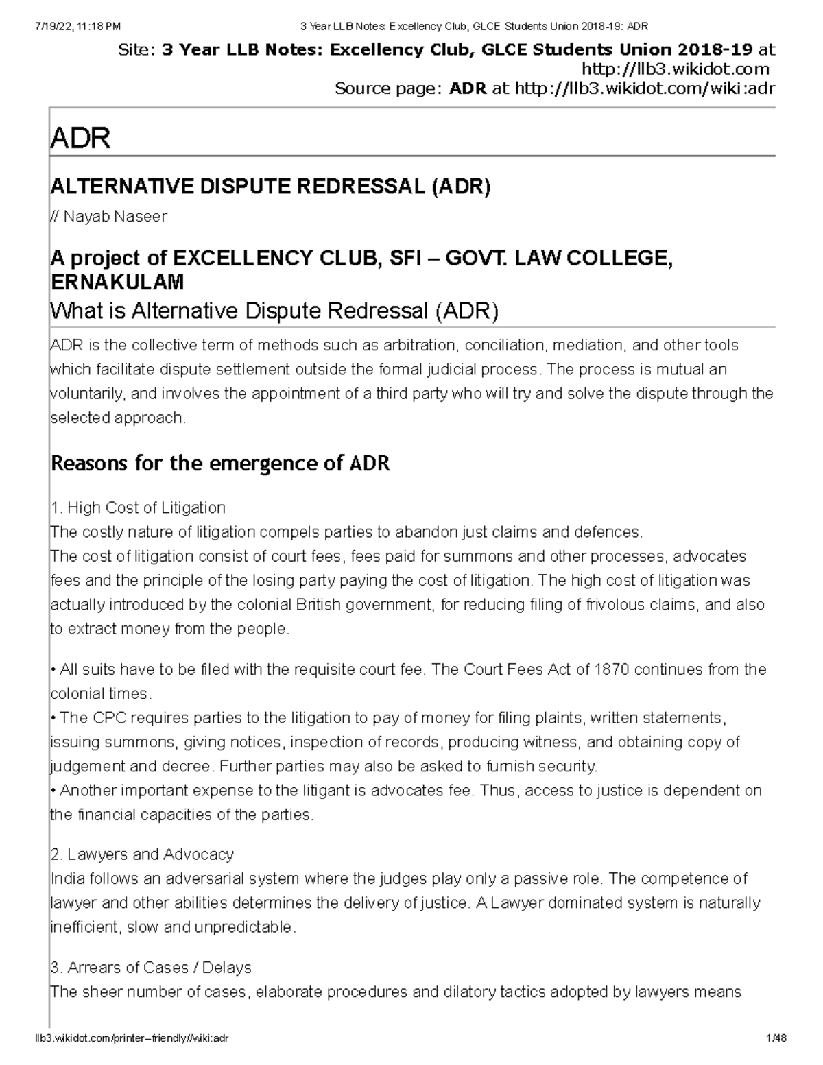 3 Year LLB ADR Notes - Excellency Club, GLCE Union 2018-19 - Studocu
