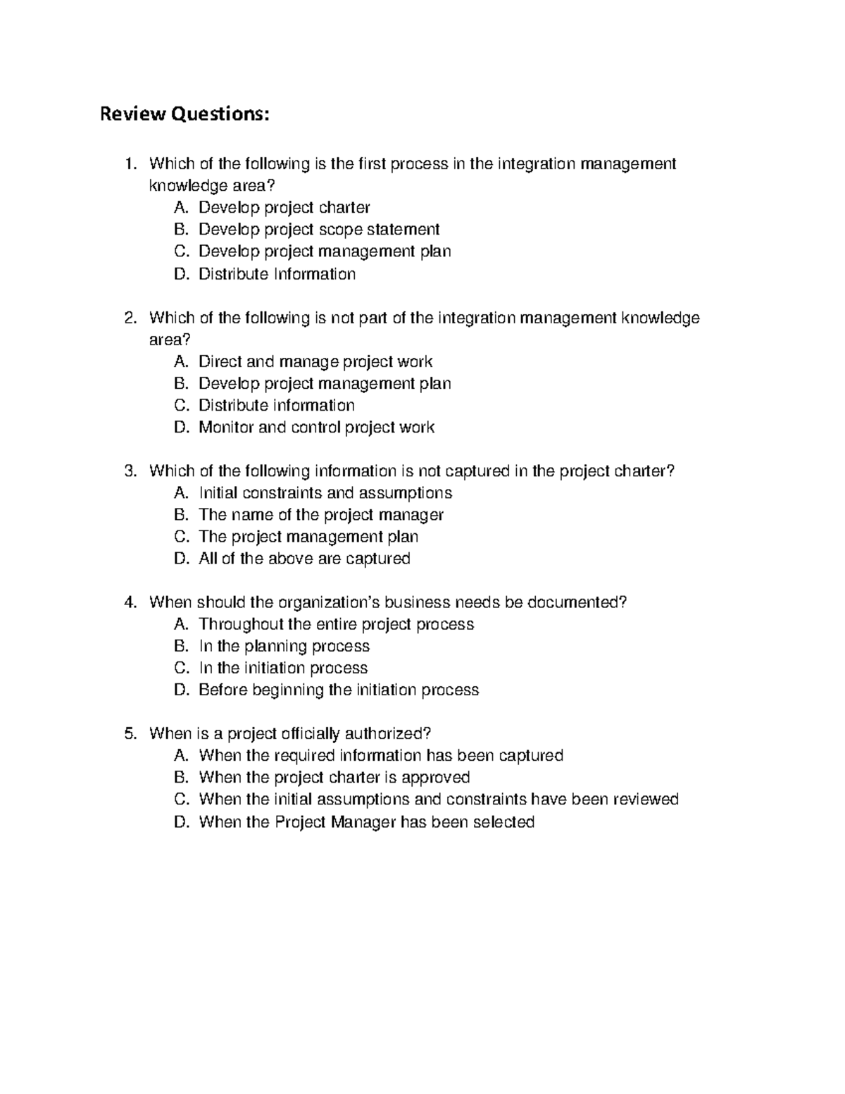 PMP Integration Management Review Questions - PMBOK Guide Insights ...