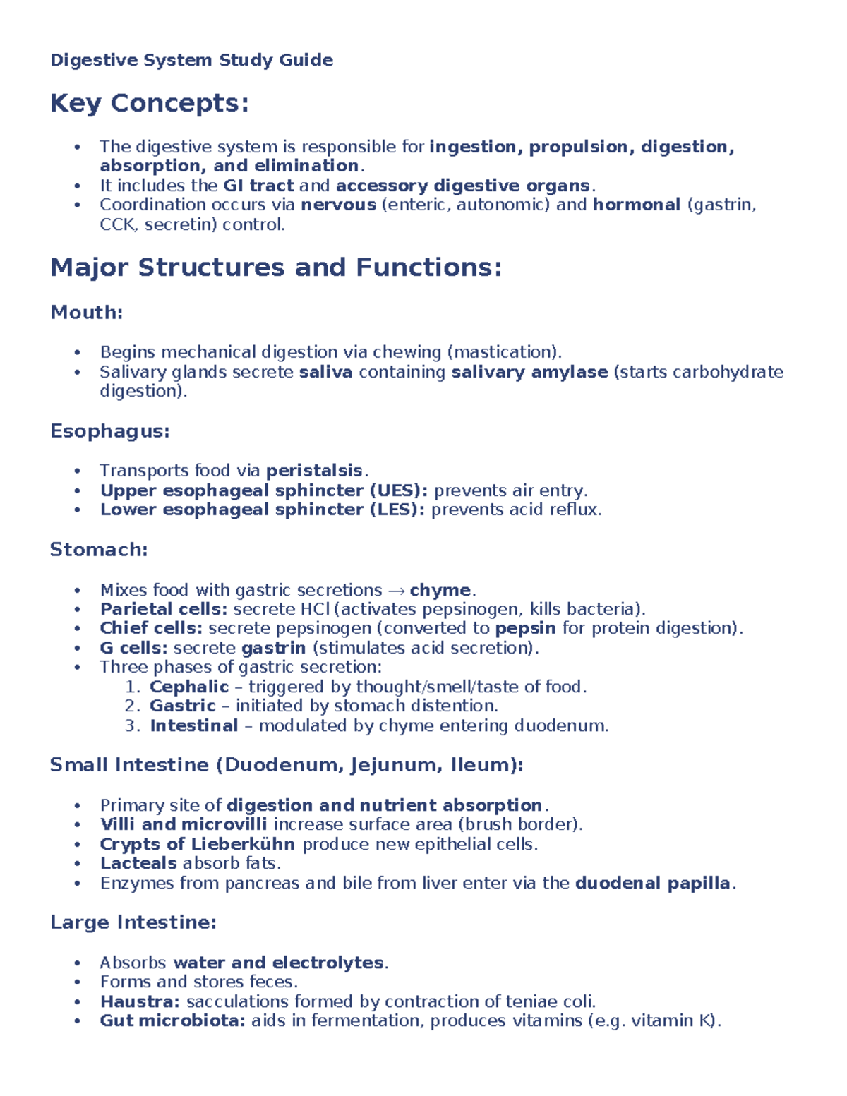 Digestive system study guide: key concepts and functions - Studocu