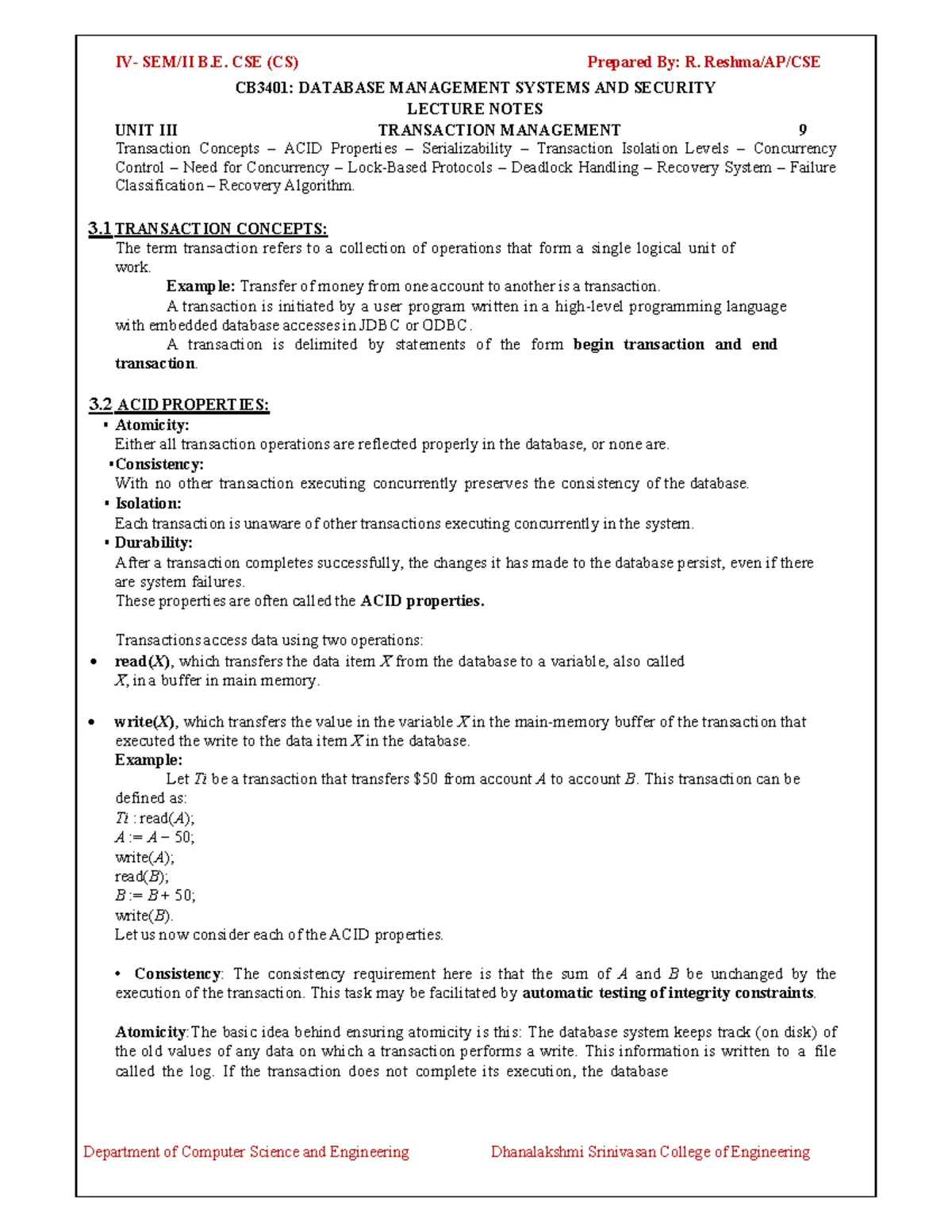 CB3401 - Unit 3: Transaction Management & Concurrency Control Notes ...