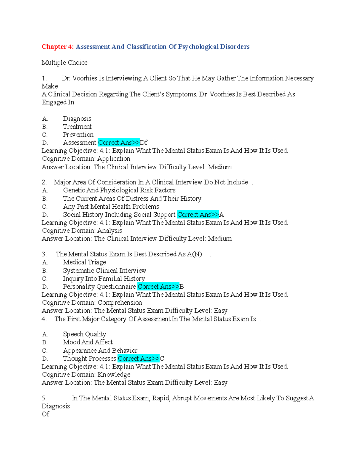 Chapter 4: Quizzes on Psychological Disorders Assessment (PSY 101 ...