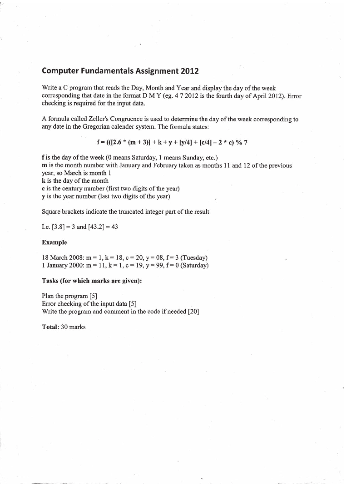 Computer Fundamentals Assignment 2012: C Program for Day of Week ...