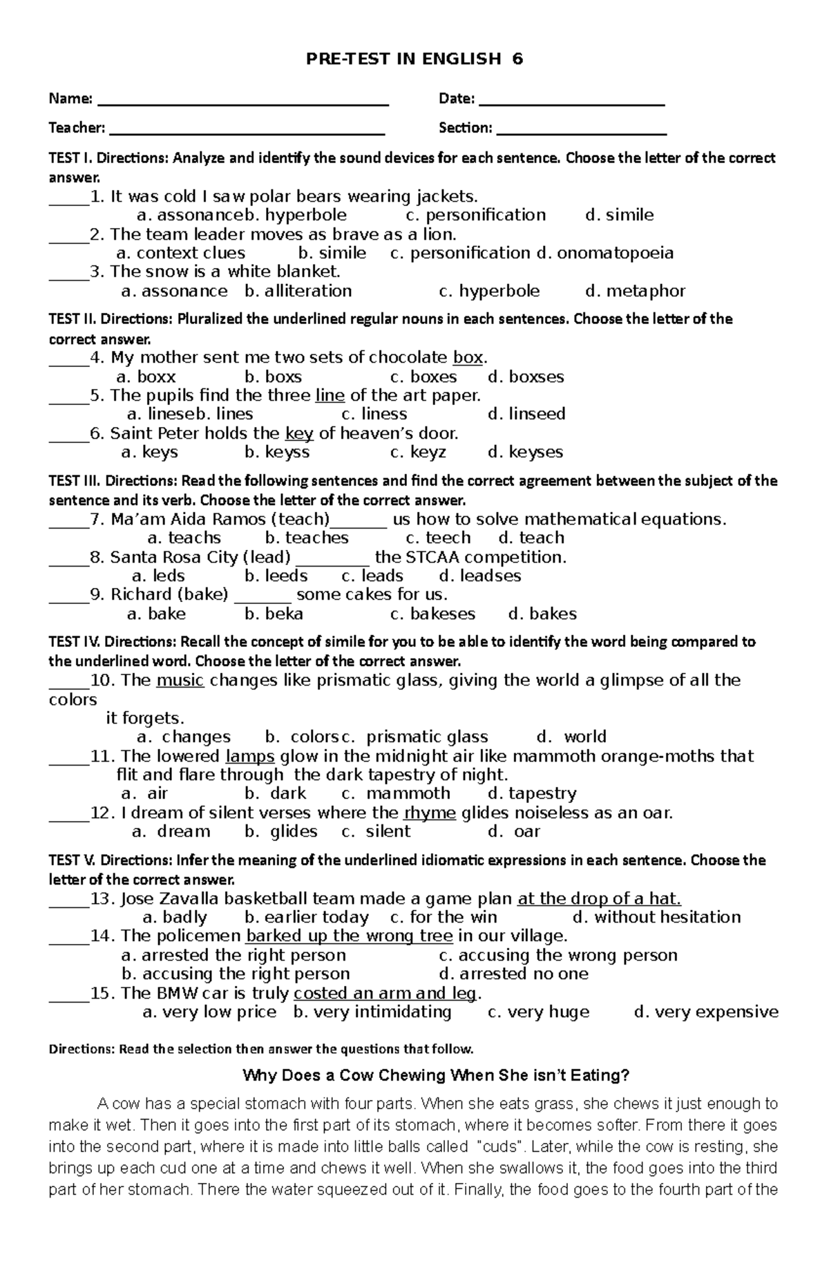 PRE-TEST English 6 - Sound Devices and Sentence Agreement - Studocu