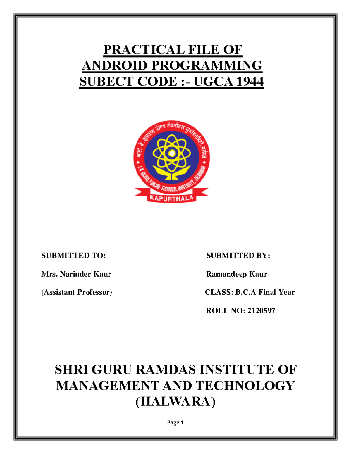 Practical File for Android Programming (UGCA 1944) - BCA Final Year ...