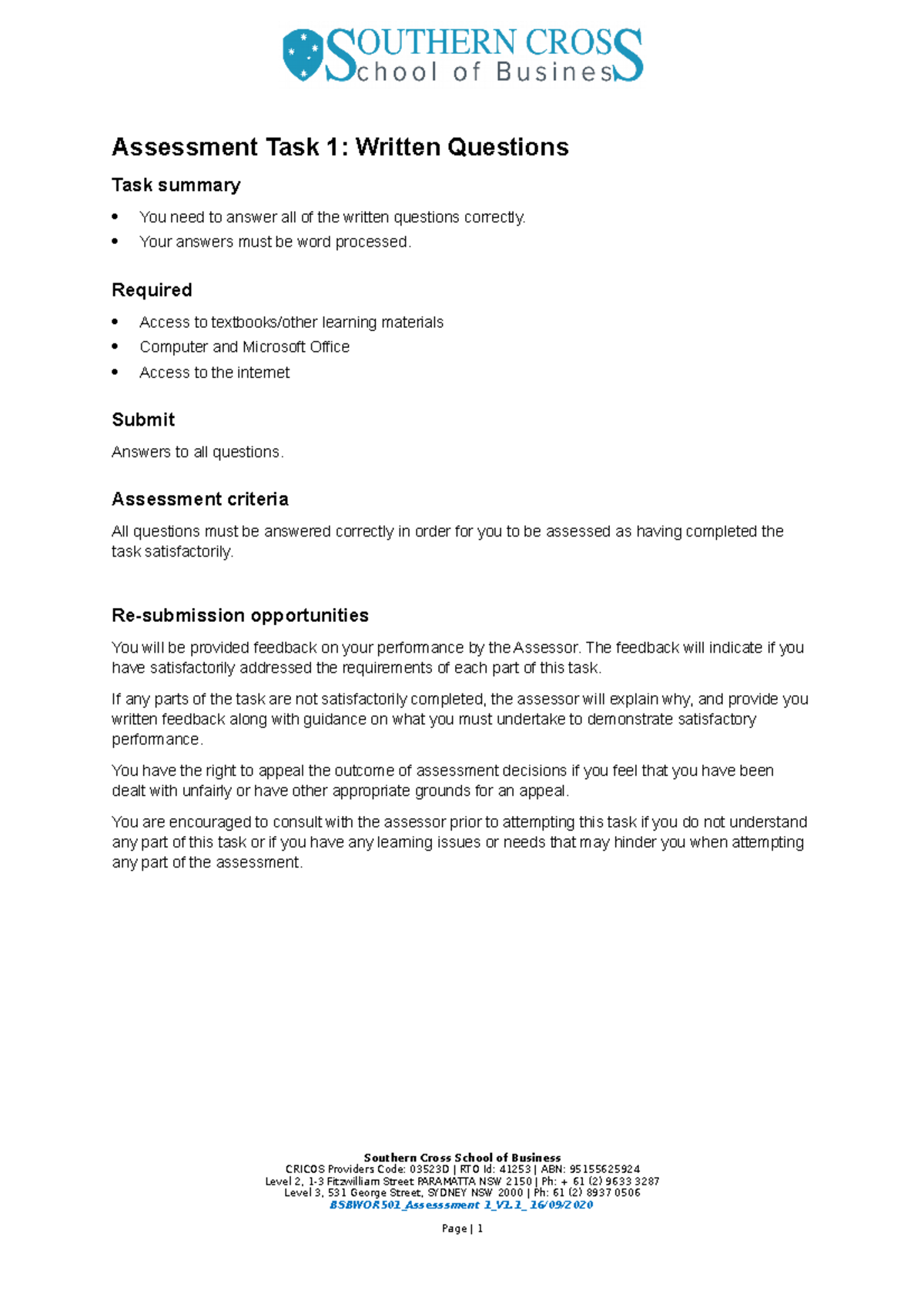 Assessment Task 1 - Nedd - Assessment Task 1: Written Questions Task ...