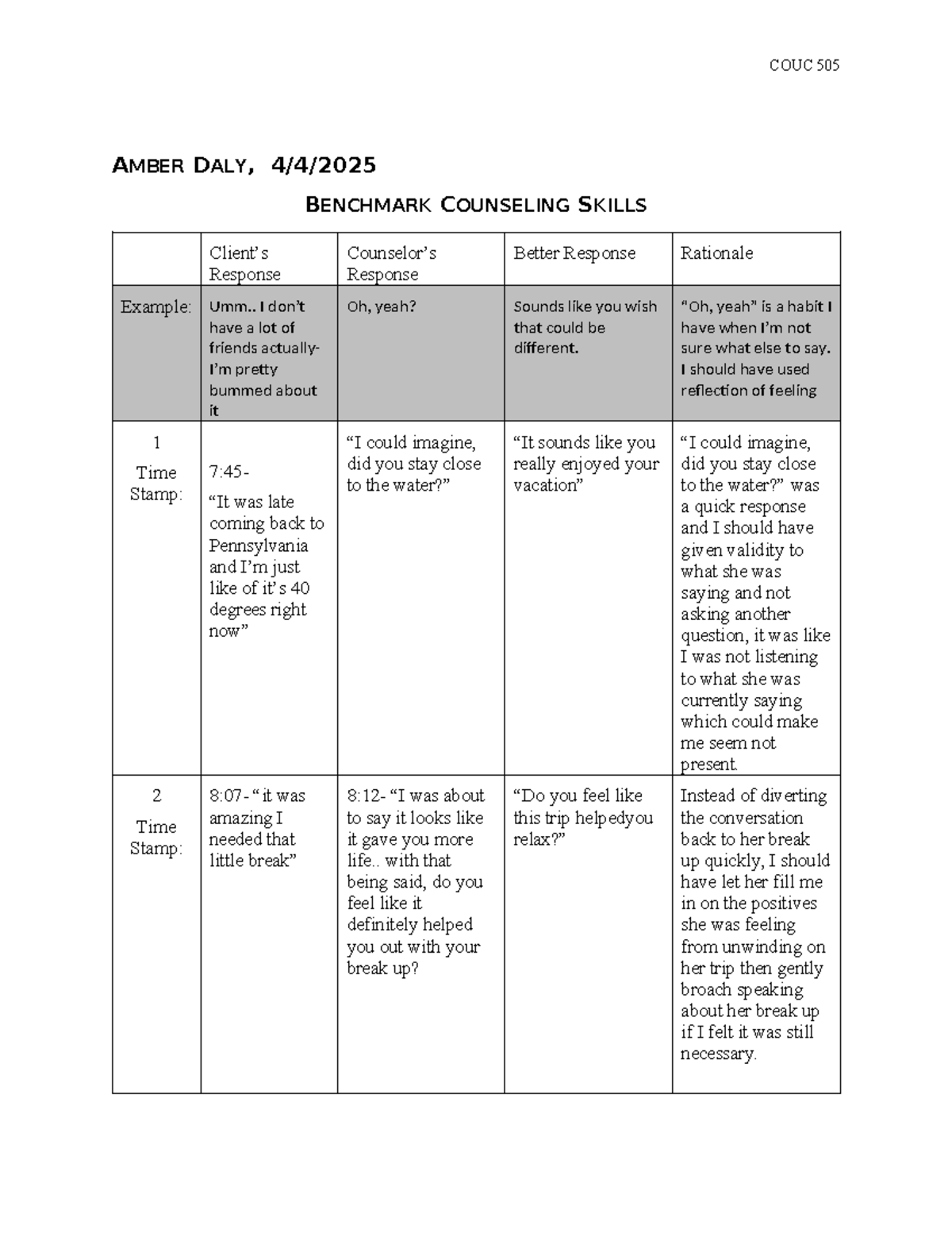 COUC 505 Skills Assessment 1: Benchmark Counseling Skills Response ...