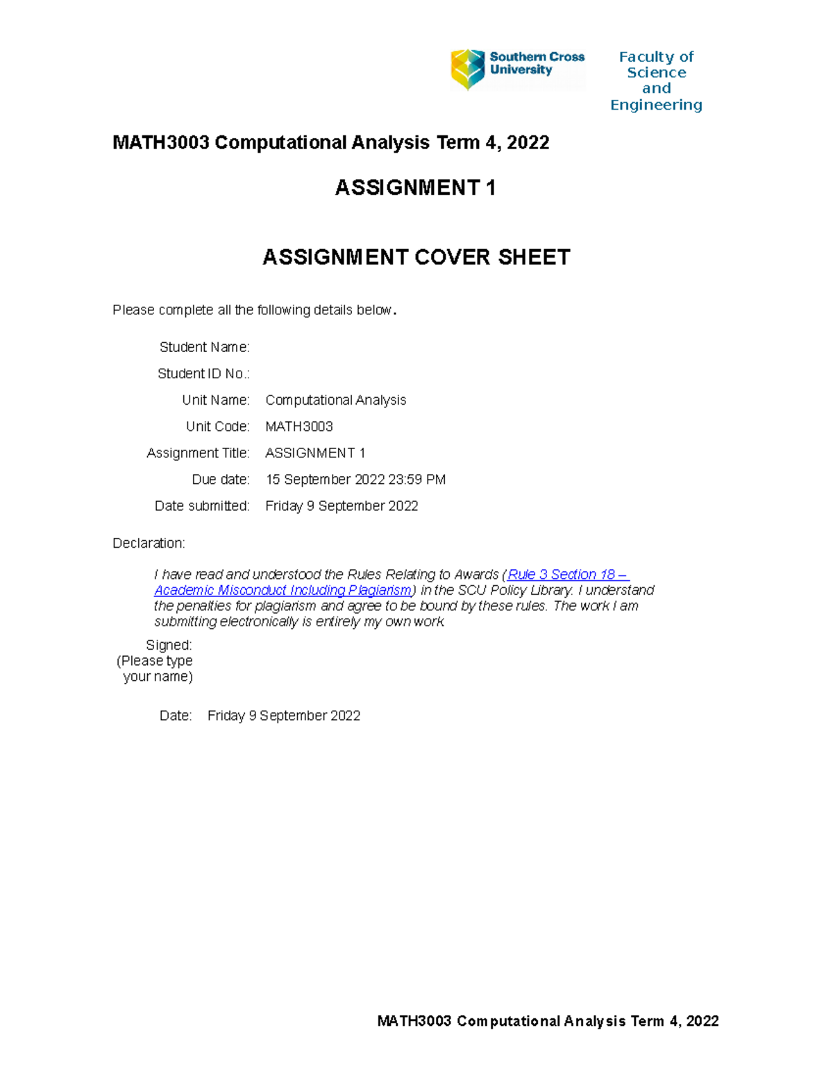 MATH3003 Computational Analysis Assignment 1 Analysis and Solutions ...