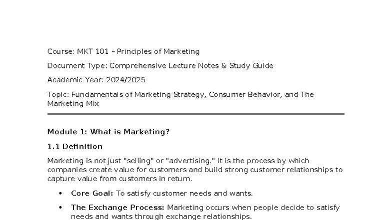 MKT 101 - Comprehensive Lecture Notes on Marketing Fundamentals - Studocu