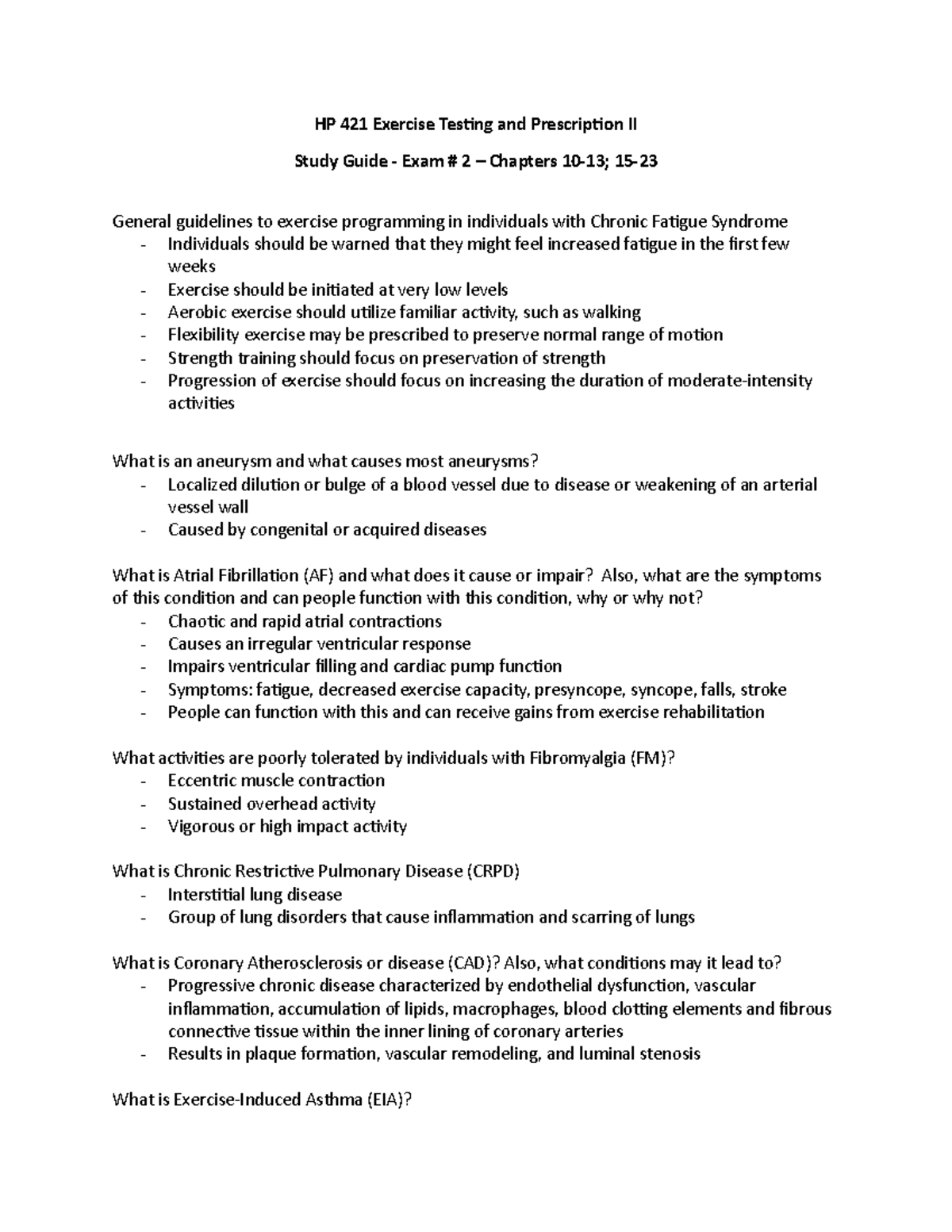 Exercise testing Exam # 2 - HP 421 Exercise Testing and Prescription II ...