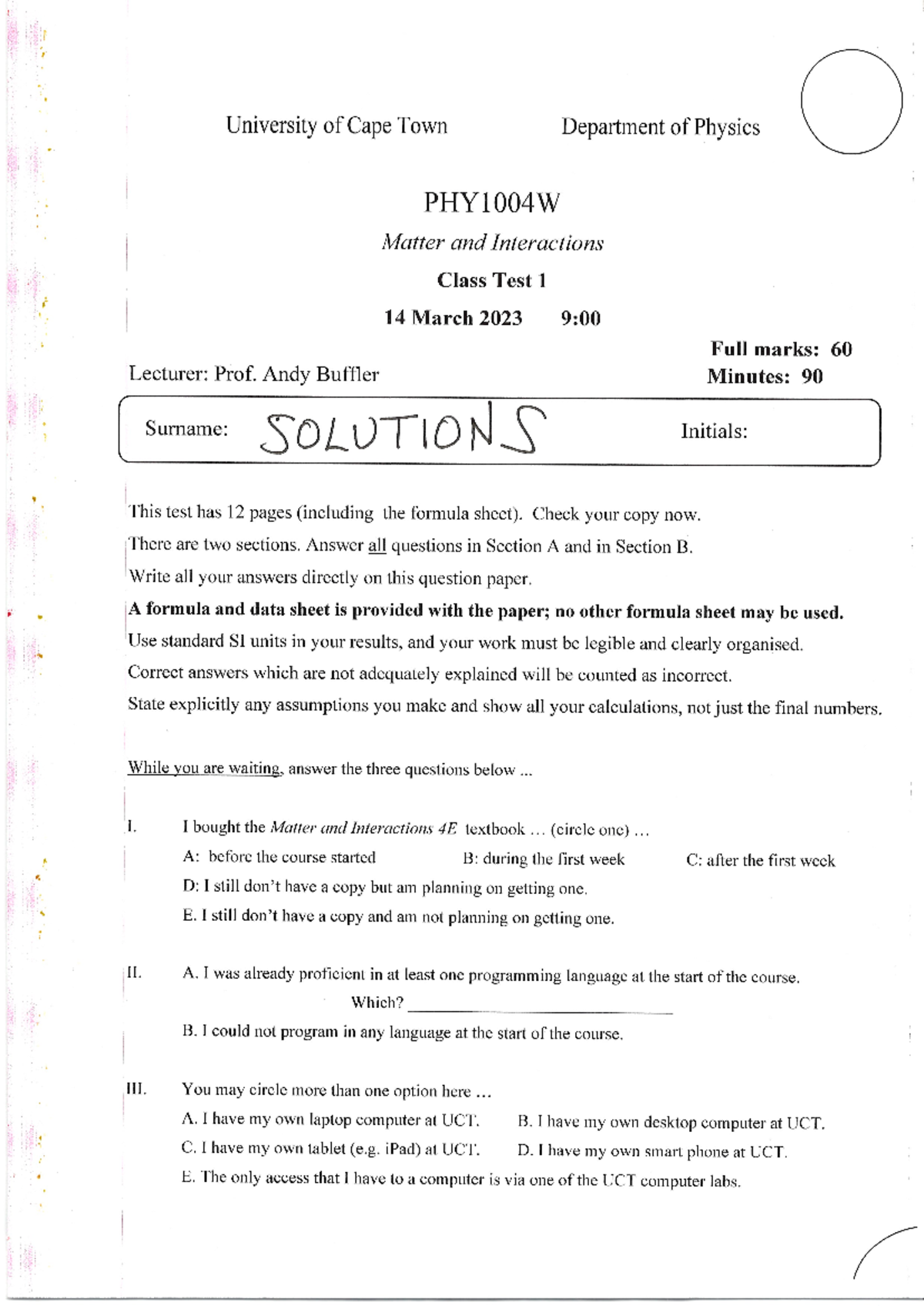 PHY1004W CT1 2023 Exam Memo Summary and Key Points - Studocu