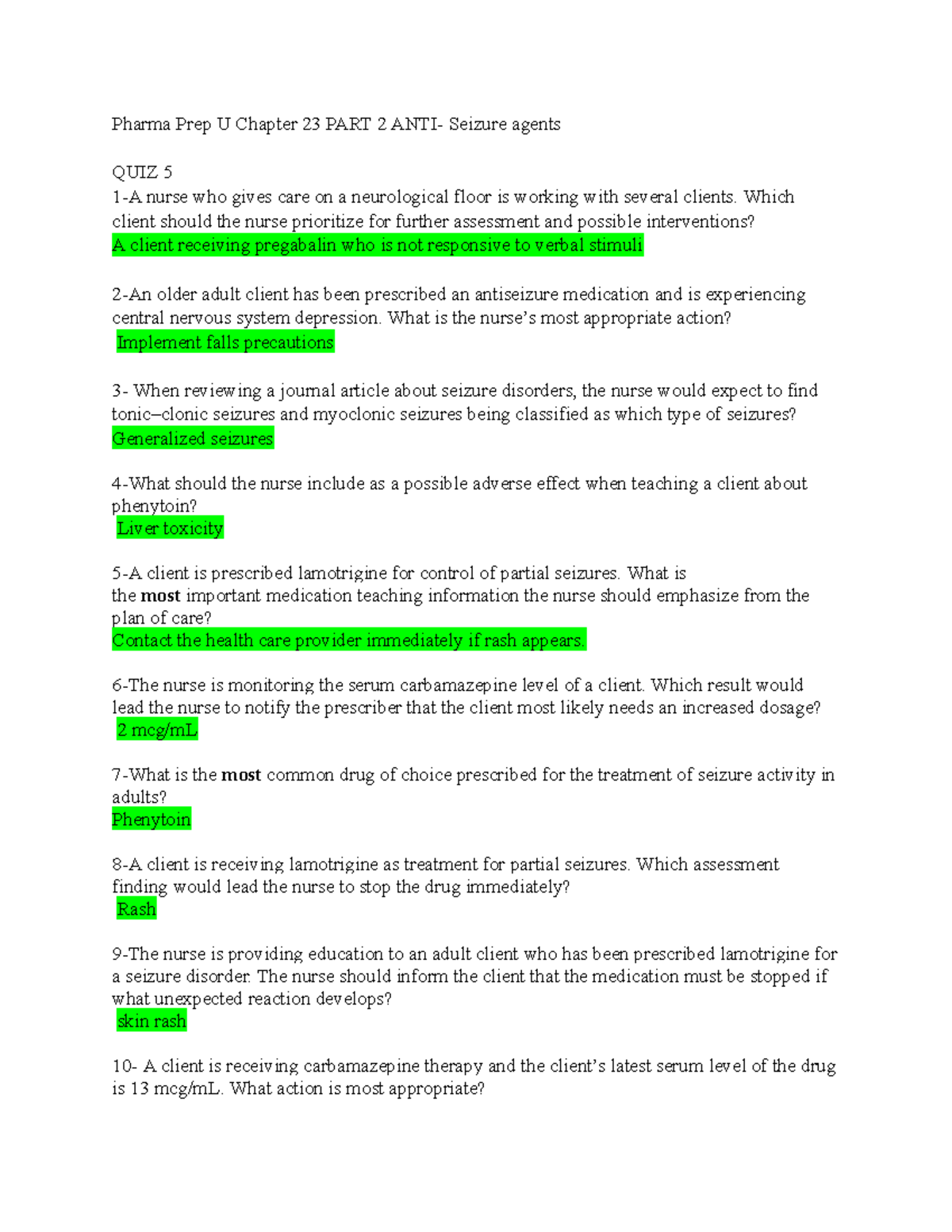 Pharma Prep U Chapter 23 Quiz on Anti-Seizure Medications - Studocu