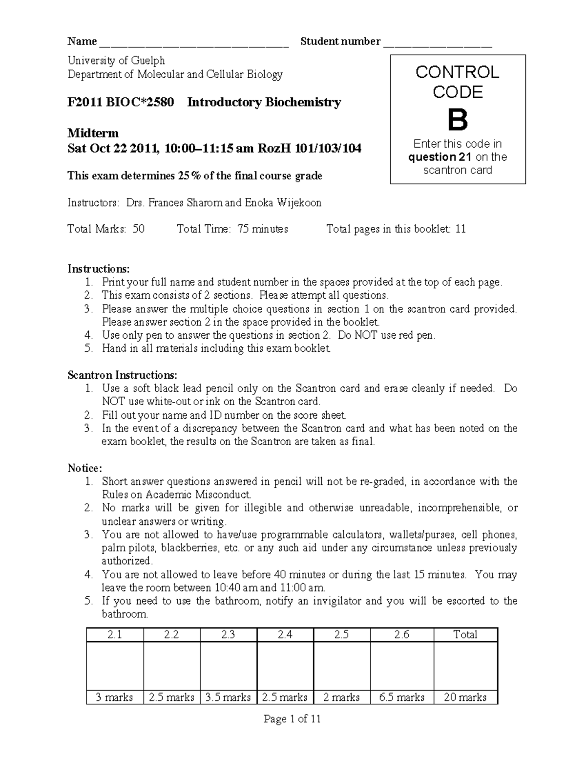 Sample Midterm Exam F2011: Introductory Biochemistry - Studocu