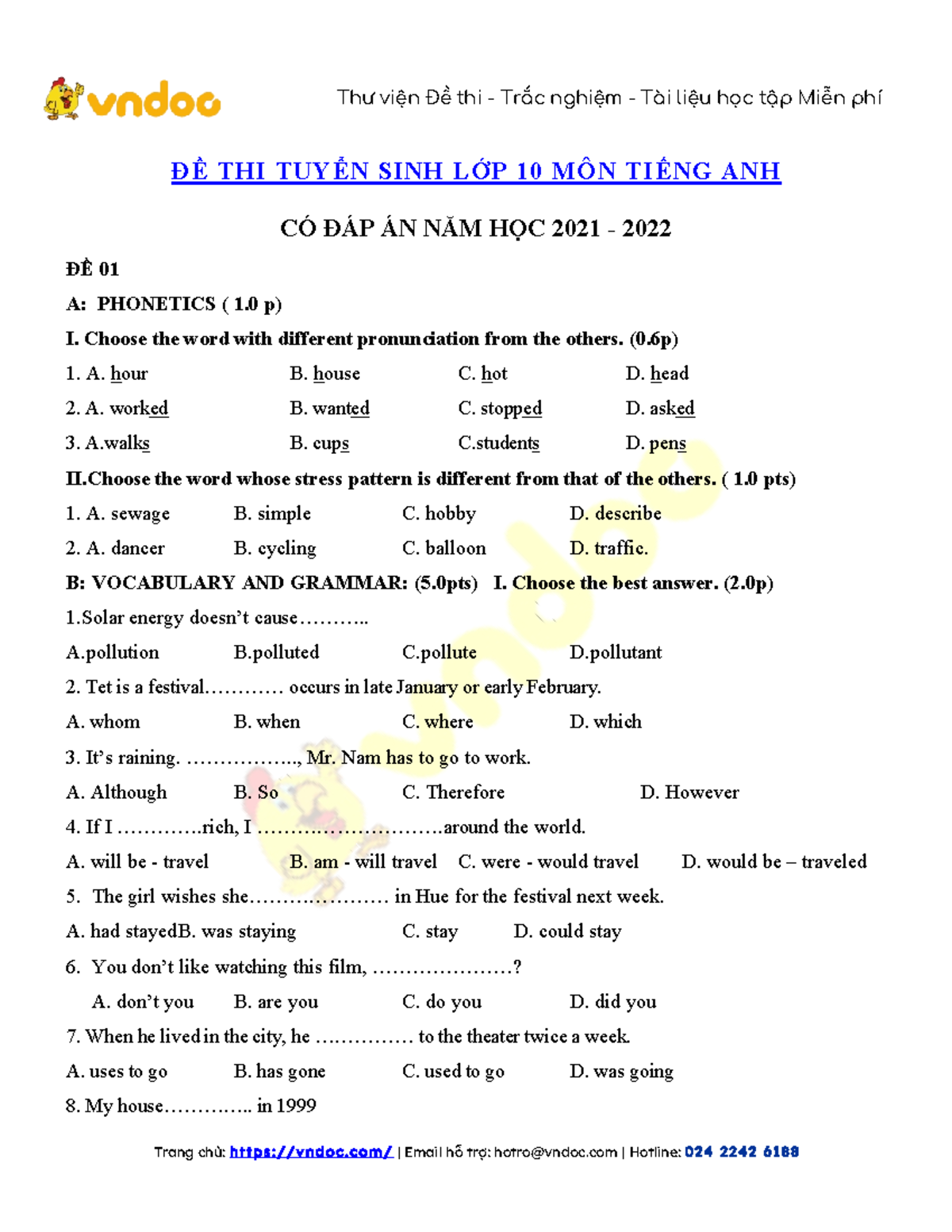 30 de thi vao lop 10 mon tieng anh co dap an - ĐỀ THI TUYỂN SINH LỚP 10 ...
