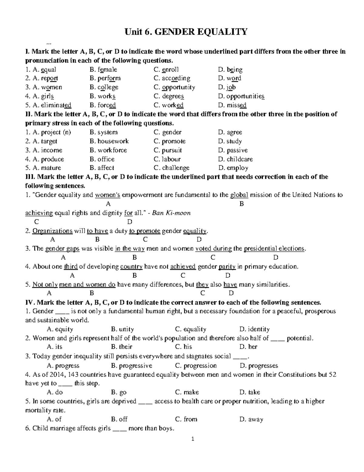 Unit 6: Gender Equality - Pronunciation & Stress Test (TEST 47) - Studocu