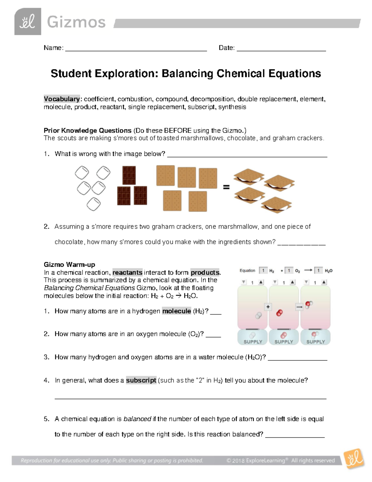 Balancing Chemical Equations SE: Student Exploration Guide - Studocu