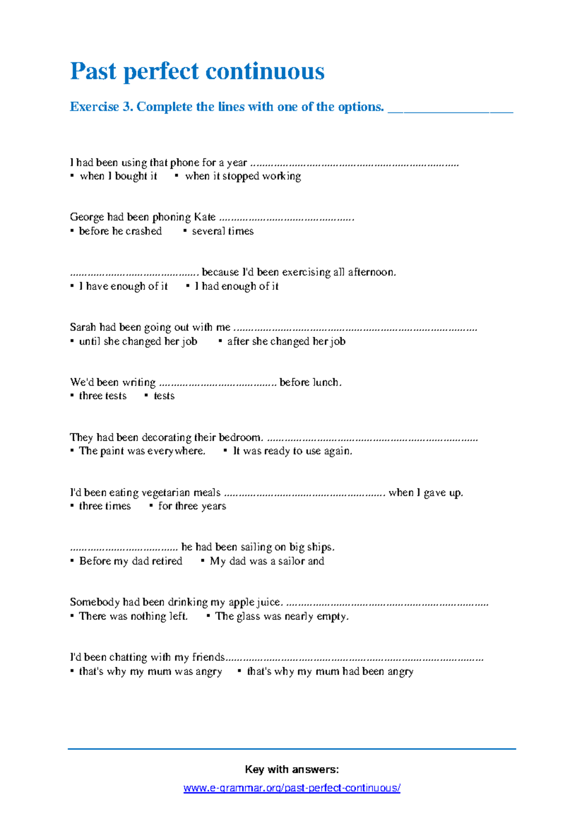 Past Perfect Continuous Exercise 3 - Answer Key & Solutions - Studocu