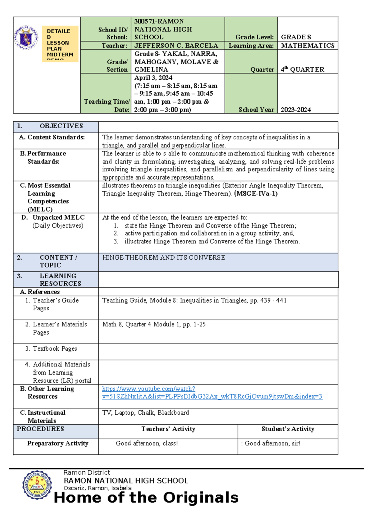 Dlp april 38 lesson plan - School ID/ School: 300571-RAMON NATIONAL ...