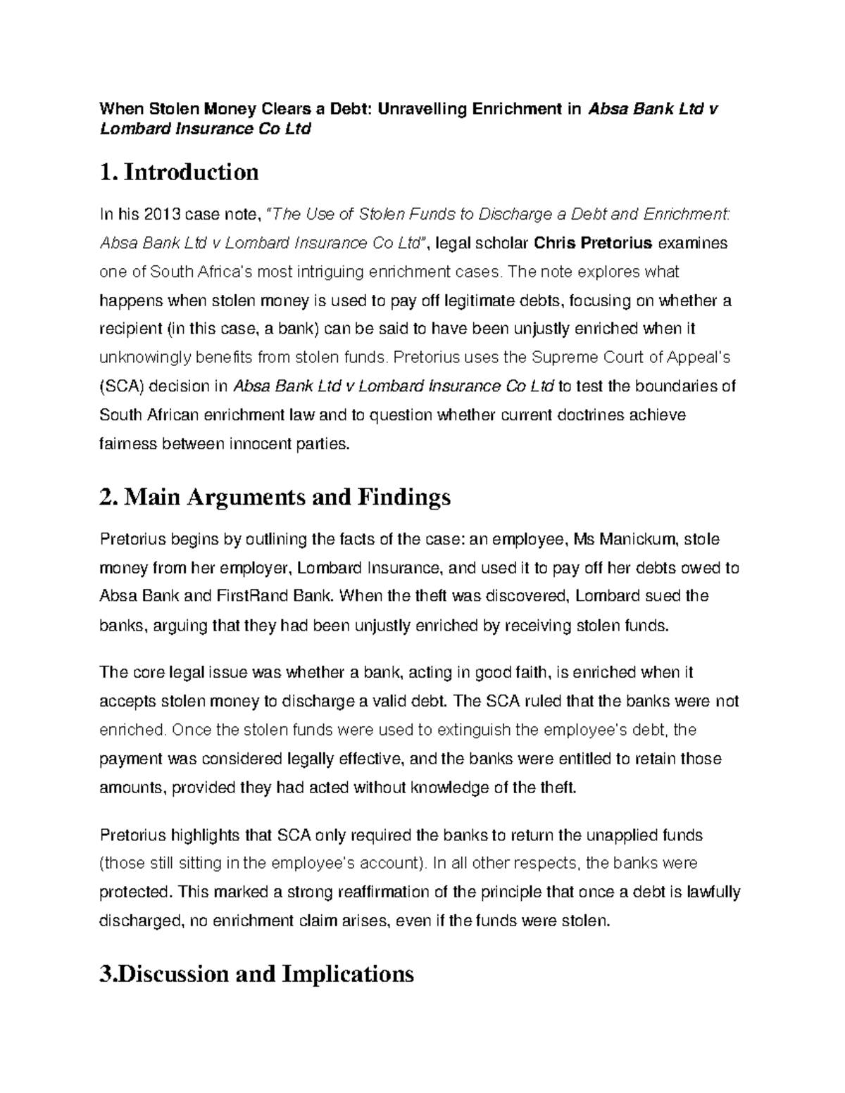 Absa Bank Ltd v Lombard Insurance Co Ltd: Enrichment Case Analysis ...