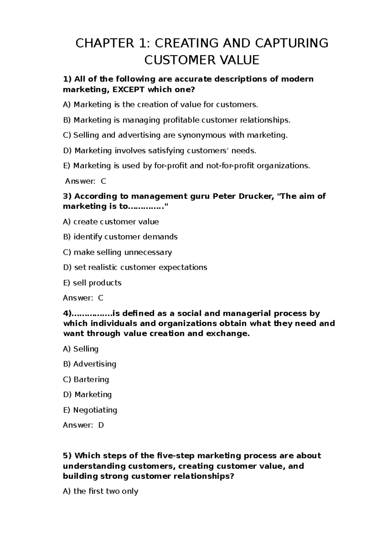 CHAPTER 1: CREATING AND CAPTURING CUSTOMER VALUE - EXERCISES - Studocu