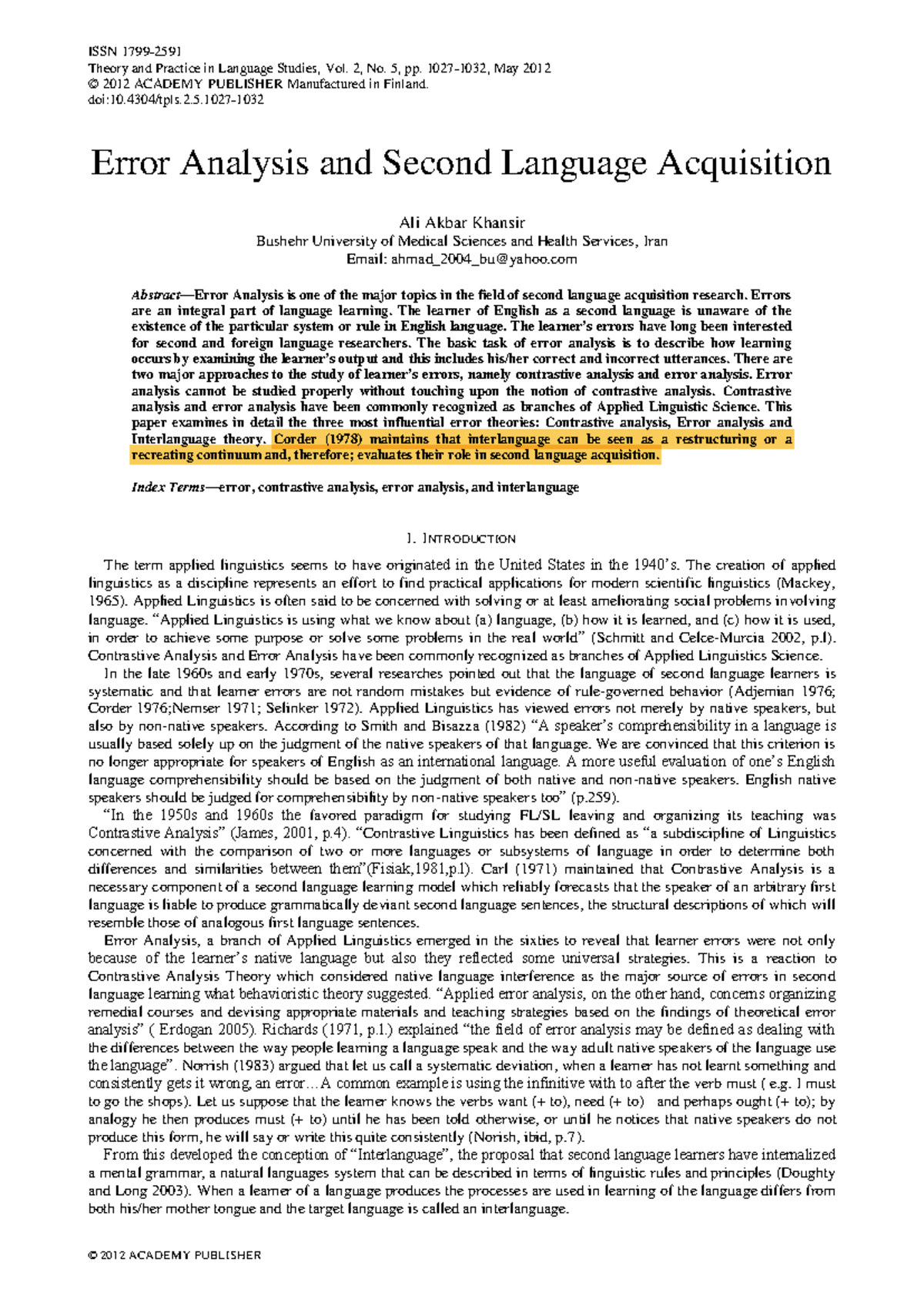Error Analysis in Second Language Acquisition: Theory and Insights ...