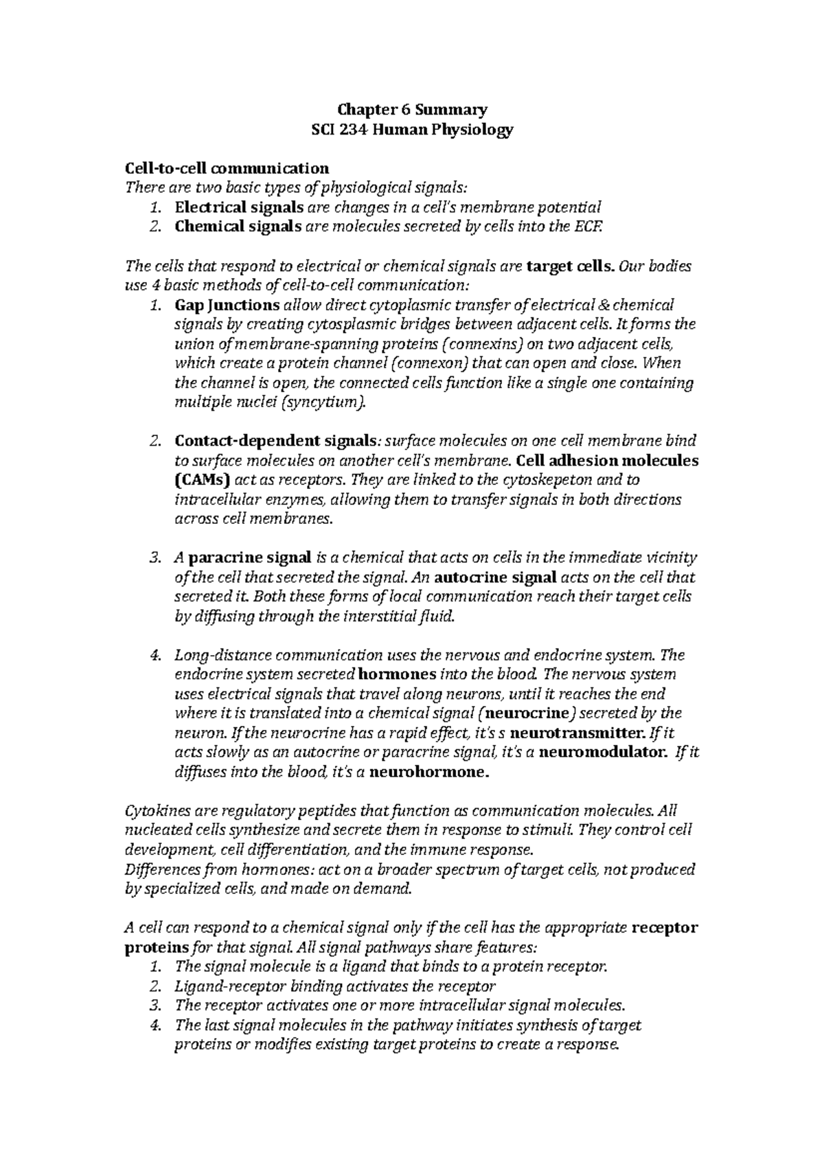 SCI 234 Chapter 6 Summary: Cell-to-Cell Communication Overview ...