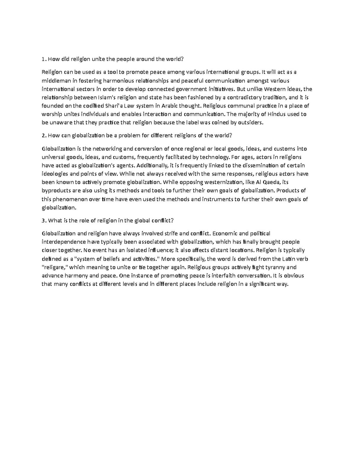 The Role of Religion in Global Unity and Conflict Dynamics - Studocu