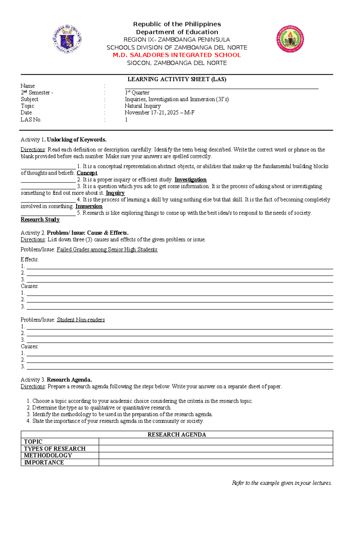 LAS 1: Inquiries, Investigation, and Immersion Activities - Studocu